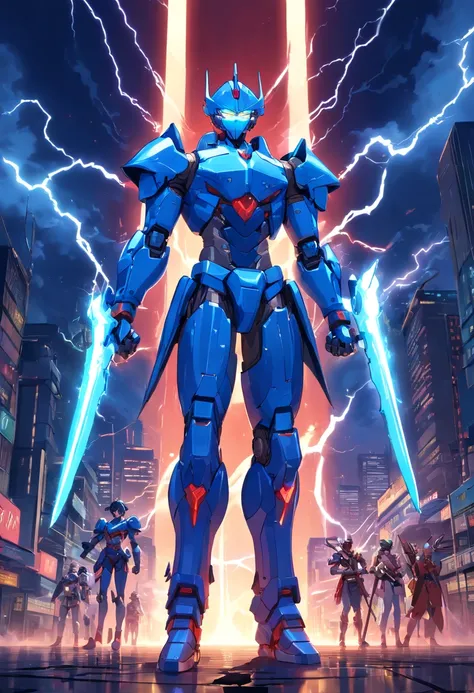 Blue Ghost Hunter, (Giant: 1.6), Super Cool Ghost Killer, Wearing blue mechanical armor, Surrounded by lightning, holding samurai sword, standing at front, super detailed, Realistic, shiny, Reflective, bio luminescent, Galaxy Control Mask, mechs, (The exec...