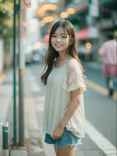 Woman Standing On The Side Of The Street、Young Asian Woman、a photography of a beautiful woman、Japan Person Model、beautiful young woman with、50mm portrait、60mm portrait、Color photo portrait 4k、Soft portrait shots 8k、17 year old girl、Happy smile