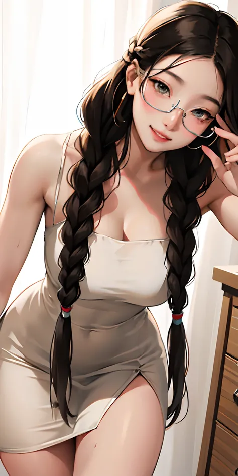 realisticlying、Face Real、Real 18 year old girl with braided hair、Close up of beige thin fabric tight fit long dress looking up from right under glasses、A sexy、thicken the thighs a little、、Sexy Posing、Smile、girls bedroom