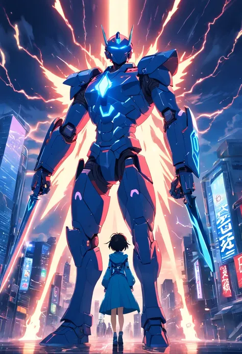 Blue Ghost Hunter, (Giant: 1.6), Super Cool Ghost Killer, Wearing blue mechanical armor, Surrounded by lightning, holding samurai sword, standing at front, super detailed, Realistic, shiny, Reflective, bio luminescent, Galaxy Control Mask, mechs, (The exec...