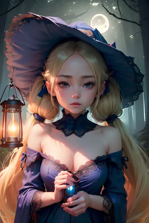 ((((hyperdetailed face, Perfect face and nice perfect face)))),( hight resolution, ultra-detailliert), (((((Anime petite girl with long hair blonde twin tails)))),(((Big witchs hat))),(((Girl flies through the forest))),((())),((((toppless,Blue lace off sh...