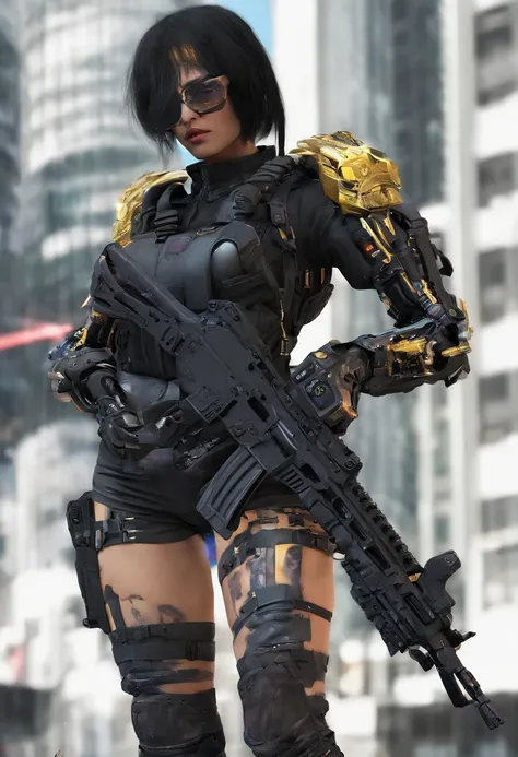 Gere uma imagem da personagem Mara, also known as Mara Death Dealer, do jogo Call of Duty: Guerra moderna: corpo inteiro, fisionomia cruel, ((Novo)) brincos grande, colar pulseira, rings, gold watch, na praia, sol poente, palmeiras, corpo escultural, flowi...