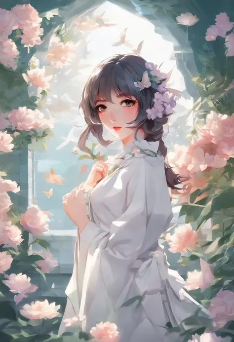 anime girl in a white dress holding a flower in a garden, beautiful anime artwork, beautiful anime art, guweiz on pixiv artstation, guweiz on artstation pixiv, beautiful anime, by Yang J, a beautiful artwork illustration, beautiful anime portrait, artwork ...