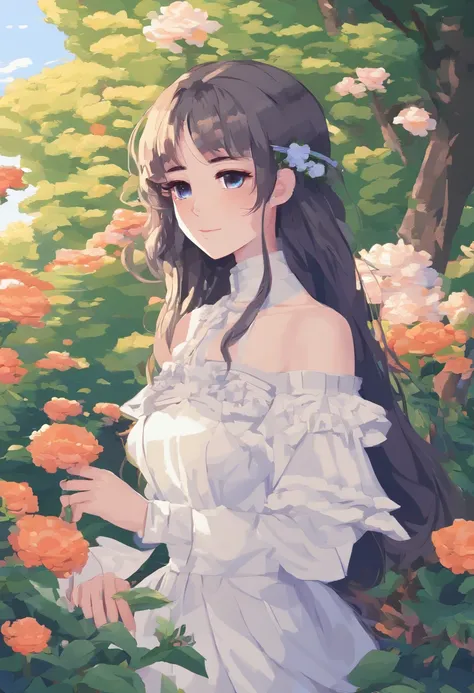 anime girl in a white dress holding a flower in a garden, beautiful anime artwork, beautiful anime art, guweiz on pixiv artstation, guweiz on artstation pixiv, beautiful anime, by Yang J, a beautiful artwork illustration, beautiful anime portrait, artwork ...