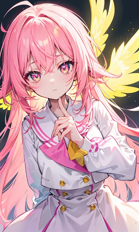 Glowing light pink yellow with hair and pupils，They are also fluorescent，A school uniform in a glowing pink, yellow and white color，Very tender and shiny face，It also fluoresces，The whole is shining，Its a sweet loli girl