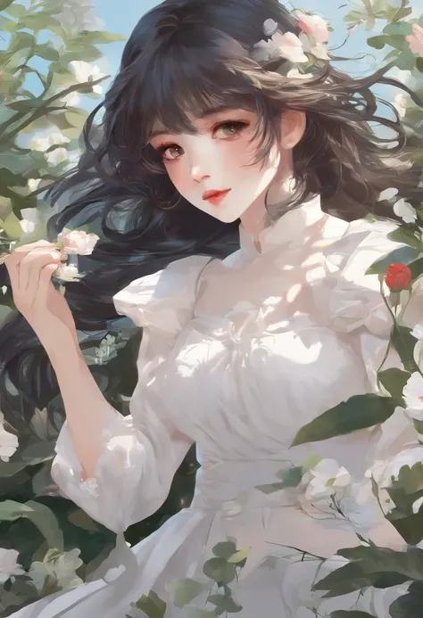 anime girl in a white dress holding a flower in a garden, beautiful anime artwork, beautiful anime art, guweiz on pixiv artstation, guweiz on artstation pixiv, beautiful anime, by Yang J, a beautiful artwork illustration, beautiful anime portrait, artwork ...