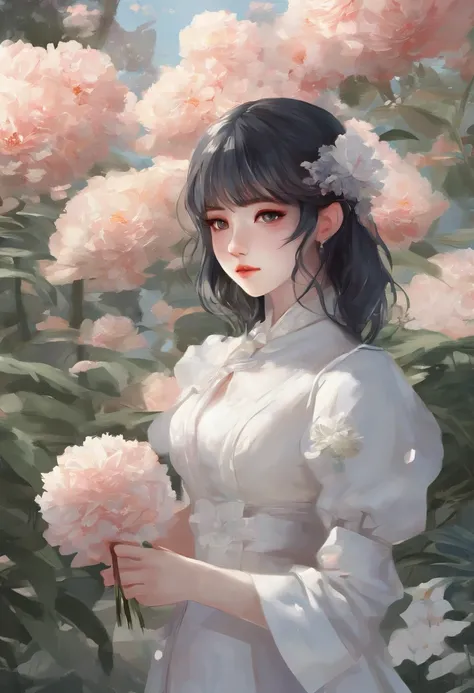 anime girl in a white dress holding a flower in a garden, beautiful anime artwork, beautiful anime art, guweiz on pixiv artstation, guweiz on artstation pixiv, beautiful anime, by Yang J, a beautiful artwork illustration, beautiful anime portrait, artwork ...