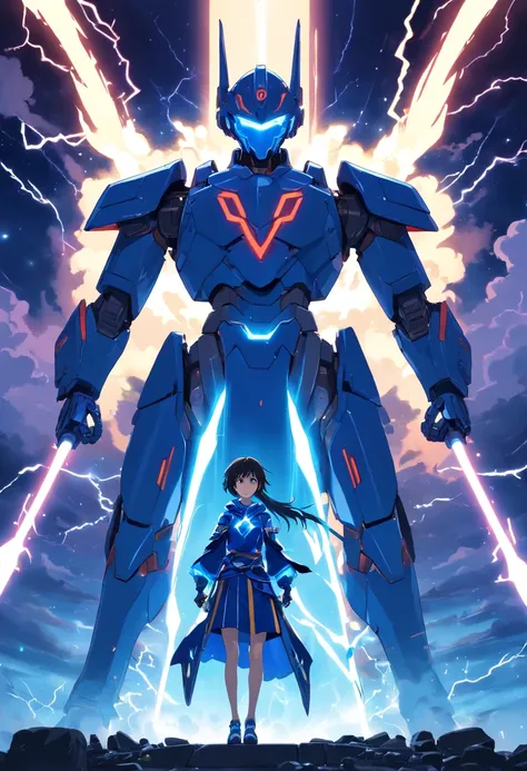 Blue Ghost Hunter, (Giant: 1.6), Super Cool Ghost Killer, Wearing blue mechanical armor, Surrounded by lightning, holding samurai sword, standing at front, super detailed, Realistic, shiny, Reflective, bio luminescent, Galaxy Control Mask, mechs, (The exec...