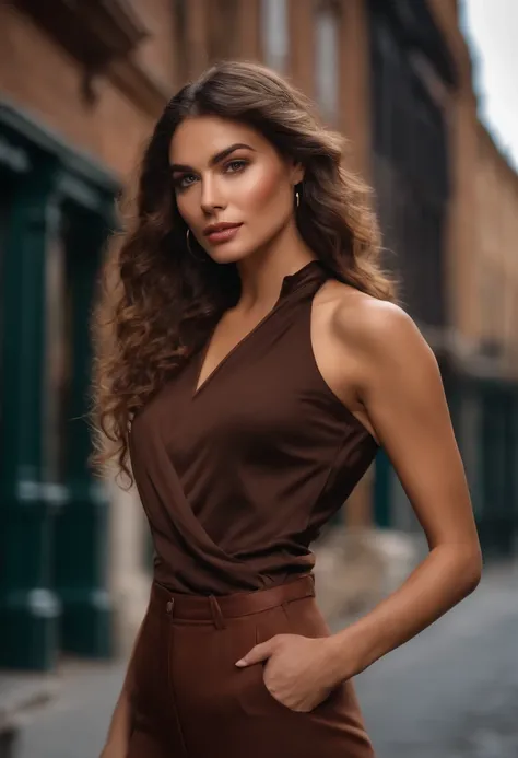 (Masterpiece, Best quality), beautiful woman, Detailed top with sleeveless turtleneck, pantalon, mineur, curly hair, visage parfait, beau visage, Attirant, De grands yeux magnifiques, ouvrir bouche, contenu, Corps slim fit parfait, (outdoor), Rues de la vi...