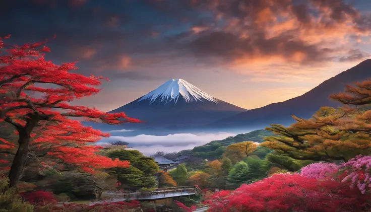 Mt fuji、morning glow、grand、Dynamic landscapes、midwinter、a picture、realisitic