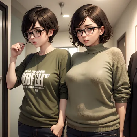 Tomboyish woman wears glasses and is a little fat and tall, olive skin, short hair