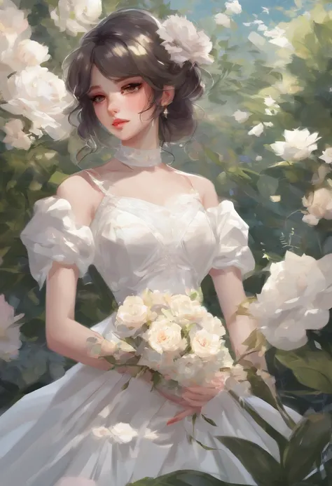 anime girl in a white dress holding a flower in a garden, beautiful anime artwork, beautiful anime art, guweiz on pixiv artstation, guweiz on artstation pixiv, beautiful anime, by Yang J, a beautiful artwork illustration, beautiful anime portrait, artwork ...