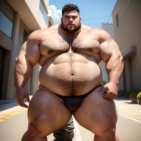 A big and chubby man with short curly hair that’s cleanly cut, some body hair, and some scruffy facial hair. They have big hips, big legs, and even more enormous thighs and ass.