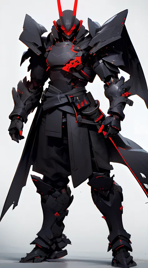 a full body of a black robot with red lights, samurai style, sleek design, black demon armor, demonic japanese style helmet, black colored helmet, dark, black color reflected armor ,cyber japan style armor, corrupted armor, black armor, fractal armor, cybe...