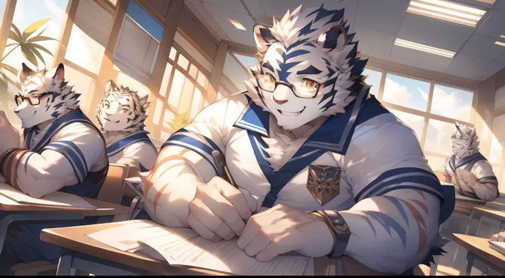 (by null-ghost, by thebigslick, By Darkgem, by Honovy), Kogenta (Onmyoji Oyamaji Temple), high high quality, Anthropomorphic white tiger, male people, 18yr old, Thick eyebrows, White fur, Strong body, large pecs, Red student uniform, wearing black rimmed g...