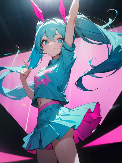 1girl, long cyan hair, twin tails, cyan eyes, wearing a plain cyan shirt, pink skirt, happy, on a stage, absurdres, high res, ultrasharp, 8k, masterpiece