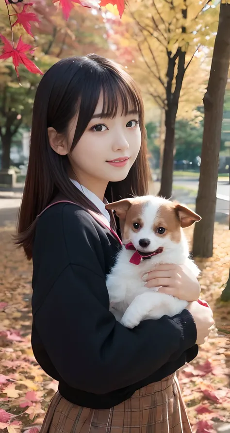 (top-quality、​masterpiece:1.2)、Best Quality、realisitic、photoshot、hight resolution、1080p、8K、Textured skin、Physical Rendering、1 Japan Girls、High school students、kawaii、Young Face、Rolled hair、(Autumn outfit:1.5)、a park、Holding a small dog、full of shyness、smil...