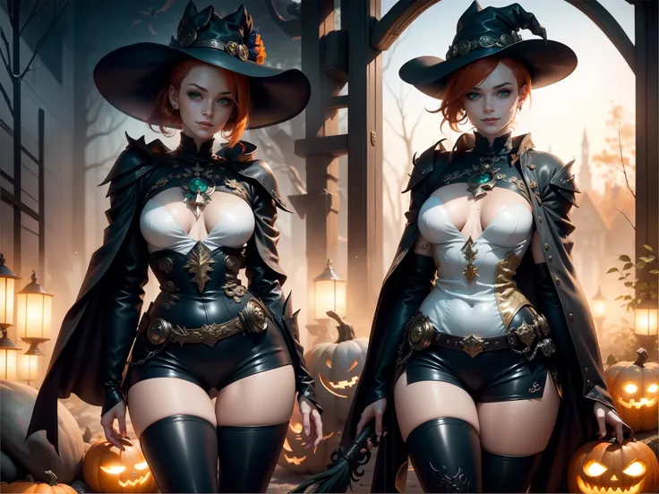 gwen tennyson,tracer,bulma,rebecca chambers,nier automata,1girl,close up, moonlight,witch costume,gold neck jewelry,body tattoos,short hair, witch hat,long sleeve top,gothic dress,holding a wand,pumpkin village,witch cape,halloween forest, gold,amulets,glo...