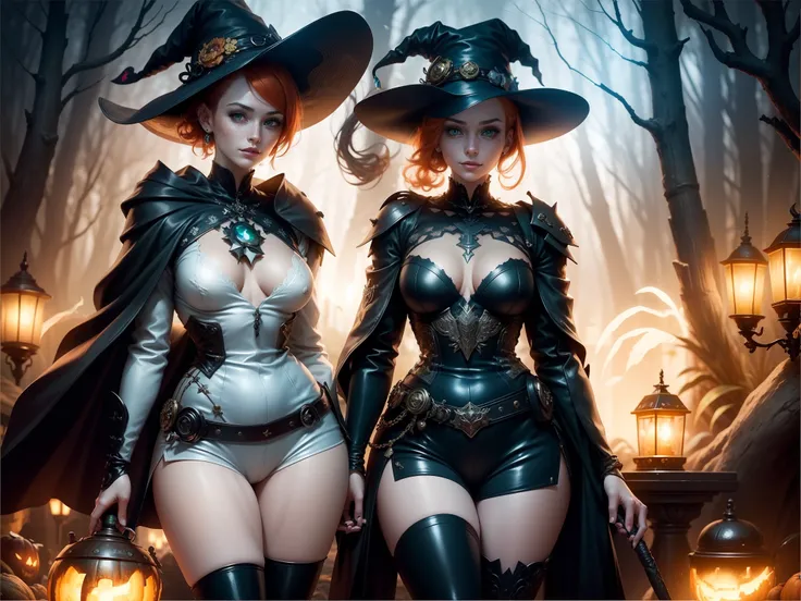 gwen tennyson,tracer,bulma,rebecca chambers,nier automata,1girl,close up, moonlight,witch costume,gold neck jewelry,body tattoos,short hair, witch hat,long sleeve top,gothic dress,holding a wand,pumpkin village,witch cape,halloween forest, gold,amulets,glo...