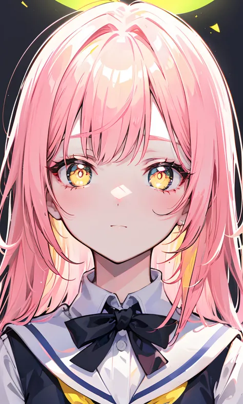 Glowing light pink yellow with hair and pupils，They are also fluorescent，A school uniform in a glowing pink, yellow and white color，Very tender and shiny face，It also fluoresces，The whole is shining，Its a sweet loli girl