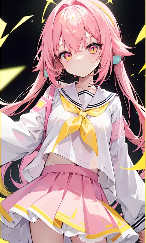 Glowing light pink yellow with hair and pupils，They are also fluorescent，A school uniform in a glowing pink, yellow and white color，Very tender and shiny face，It also fluoresces，The whole is shining，Its a sweet loli girl