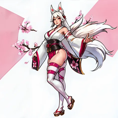 curvy white haired 9 tailed kitsune wearing fur lined robe and cherry blossom kimono, wearing thigh high fishnets (alone)(solo),...