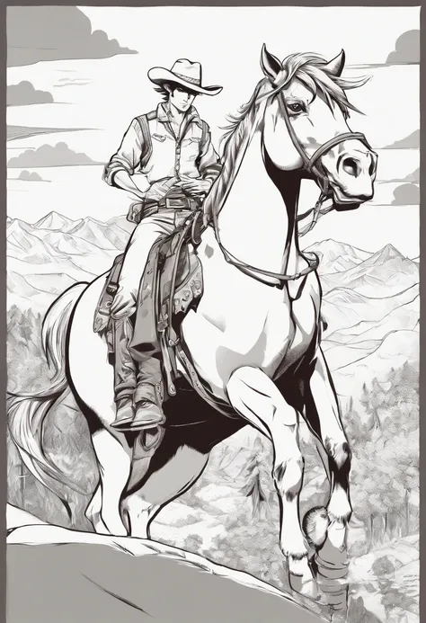 homem cowboy sentado no cavalo, panoramic view from above, Aerial view, preto e branco,tons de cinza,Graycale, monocromatic, estilo John Buscema, arte TEX,