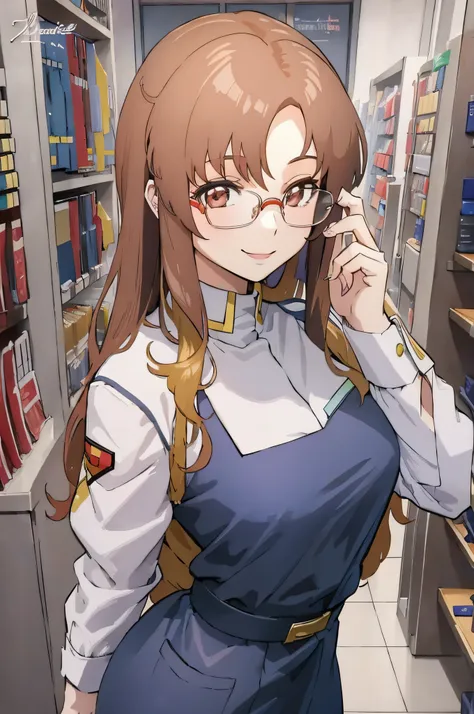 (masterpiece, best quality, detailed) ,1girl,ramius1,glasses ,in a dress posing in a store, anime moe artstyle, ecchi anime styl...