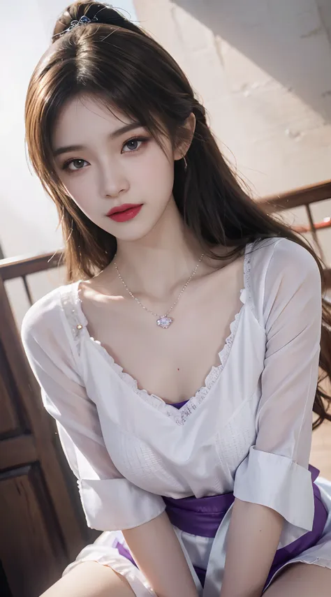 1 beautiful girl in Han costume, Thin purple silk shirt，white colors，The texture is diverse, white lace top, long platinum purple ponytail, hair adornments, ear jewelry, light purple rabbit ears, necklace and necklace, meticulously drawn large purple eyes,...