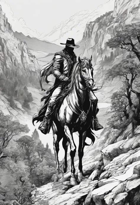 homem cowboy sentado no cavalo, panoramic view from above, Aerial view, preto e branco,tons de cinza,Graycale, monocromatic, estilo John Buscema, arte TEX,