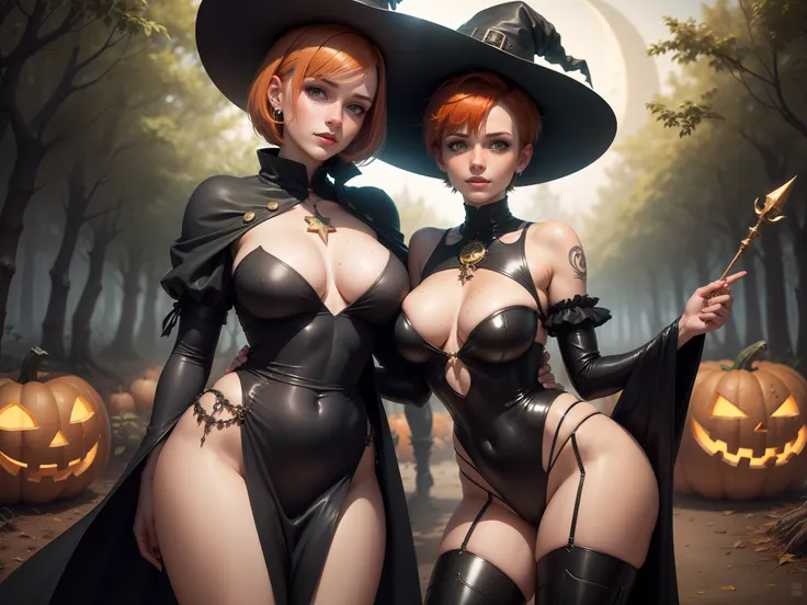 gwen tennyson,tracer,bulma,rebecca chambers,nier automata,solo girl,close up, moonlight,witch costume,gold neck jewelry,body tattoos,short hair, witch hat,long sleeve top,gothic dress,holding a wand,pumpkin village, witch cape,halloween forest,witch amulet...