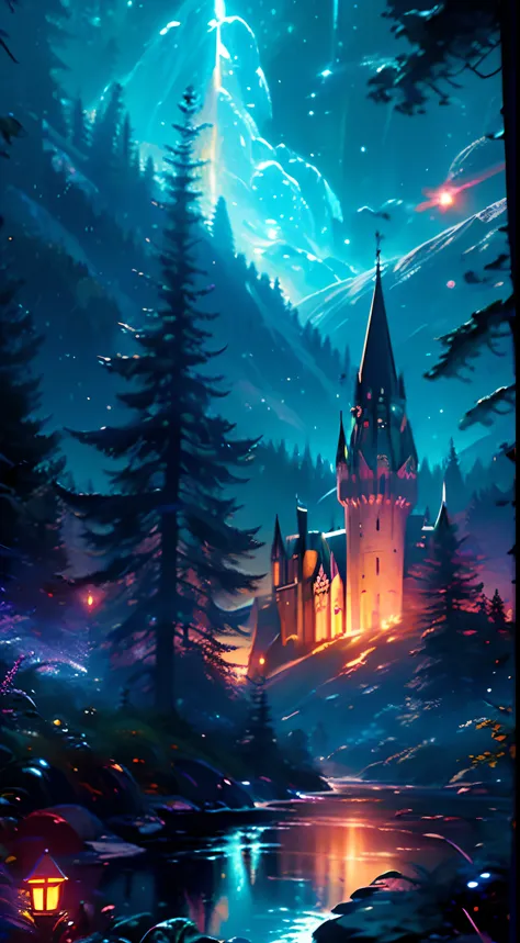 Hogwarts castle, ((masterpiece)), (best quality), Retro, Full Color, Multicolor, Artistic, Superior Detail, Super Quality, Fine Details, Highlights, 8k, Masterpiece, City Night, moonLight, Mountains, Forest, colorful night sky,