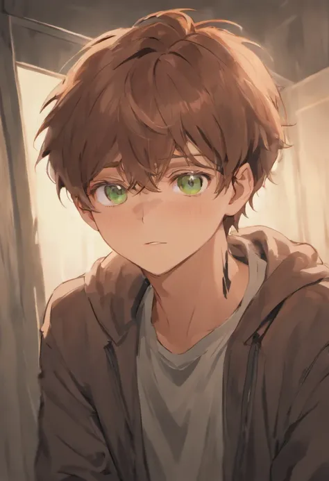 A man in his 20s with brown hair and dark green eyes. Tanned skin, freckles, glasses. Fluffy, slightly messy dark brown hair, pierced ears. Strong looking. Wearing modern style clothes. In a bedroom. Shy, kind expression. Masculine.