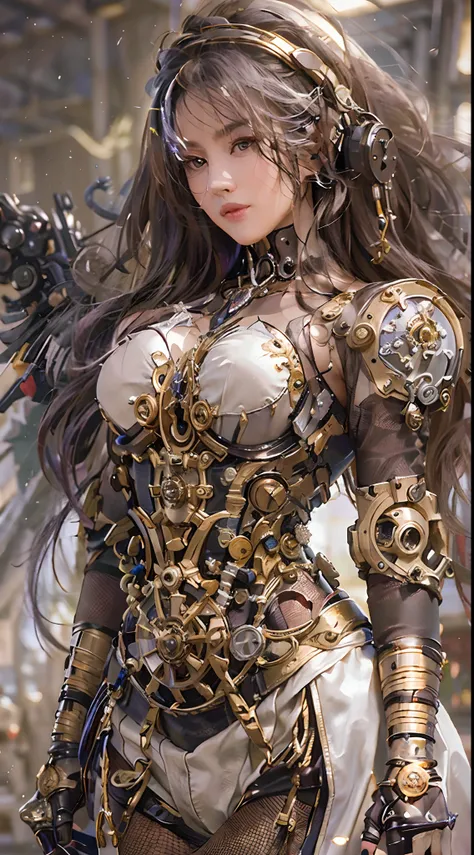 (best quality,4k,a high resolution,masterpiece:1.2),ultra-detailed,(realistic:1.37) girl with mechanical parts,steampunk wind,de...