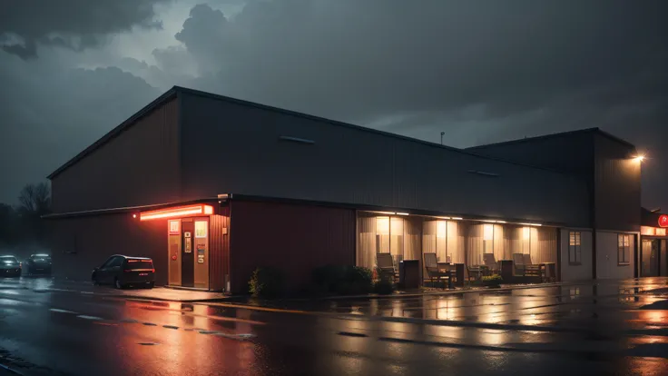 A very realistic image of a hotel on the side of an empty road, best quality, 4k, lots of details, night with rain, a truck parked in the parking lot, dark environment, sign saying HOTEL in red. Heavy rain, dark ambient,