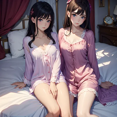 1 girl in silk and lace pajamas sitting on bed