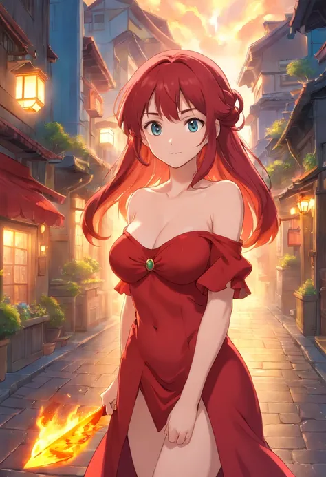 one-girl，Red clothes，Off-the-shoulder attire，Red hair，Huge breasts，cleavage，，fire and ice，火焰，magma，the street，neonlight，Open navel