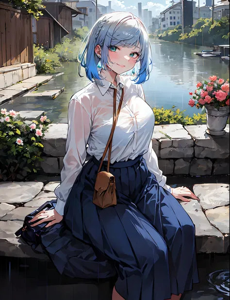 yelan_genshin, (blue hair:1.4), multicolored hair, short hair, green eyes, (plump:1.2), breast press, long_skirt, 1girl, sitting...