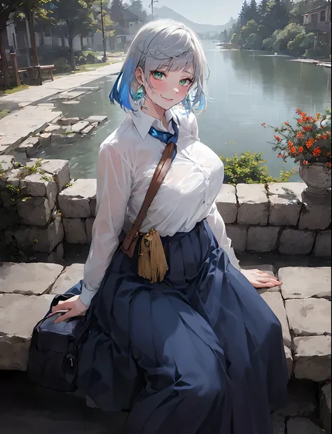 yelan_genshin, (blue hair:1.4), multicolored hair, short hair, green eyes, (plump:1.2), breast press, long_skirt, 1girl, sitting...