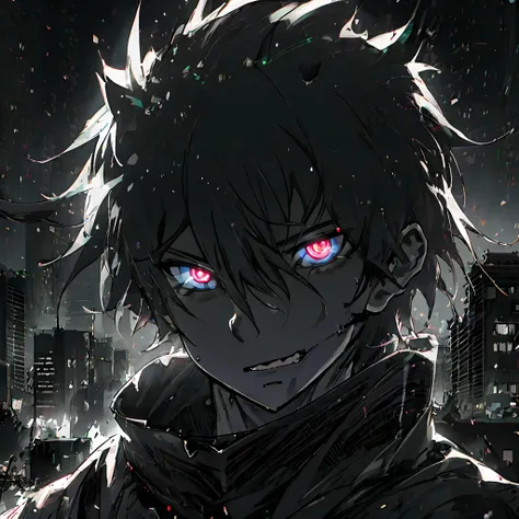 Anime humanoid monster,human,boy, glowing eyes,eye glare, monochrome, close up shot, creating a crack in reality, powerful aura, destroyed city,dark,night,8k,64k, HD, unparalleled masterpiece, dynamic lighting, cinematic, Ambient lighting, epic