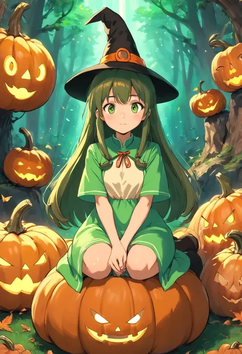 Bom em Ccabelo,1Menina,sitting on 1Strange pumpkin,whole body view,Scary pumpkin background,vestido como uma bruxa,Witch hat grandiosoe,coxa_Alto,Mini_saia,grandioso_Quadris,odd,Fantasmas, dia das bruxas, gigantesco_peito,recorte de clivagem,Corar,Ahegao_r...