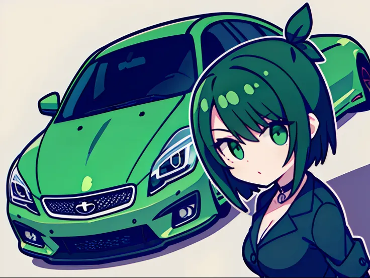 The logo of the car customization company should be a short green black hair、olhos verdes、menina no terno