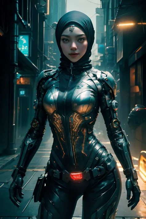 cyber punk malay Girl in hijab,(top-quality、8K、32K、​masterpiece)、(The ultra -The high-definition)、(Photorealsitic:1.4), dynamic pose, cowboy shot, cyberpunk fashion,depth of fields, cyberpunk city background, cinematic lighting.