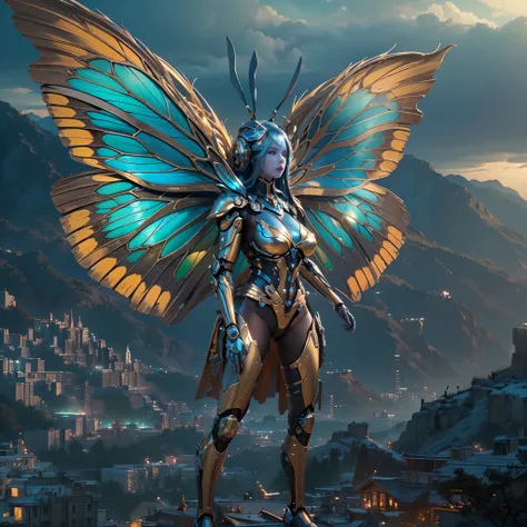 wide wide shot，(Best quality,4K,8K,A high resolution,Masterpiece:1.2),Ultra-detailed,(Realistic,Photorealistic,photo-realistic:1.37),Mechanical Woman，Huge butterfly wings,Shiny metal skin,Rabbit ears，(Mechanical body,Mechanical limb)。nigth,(frontage)，stand...