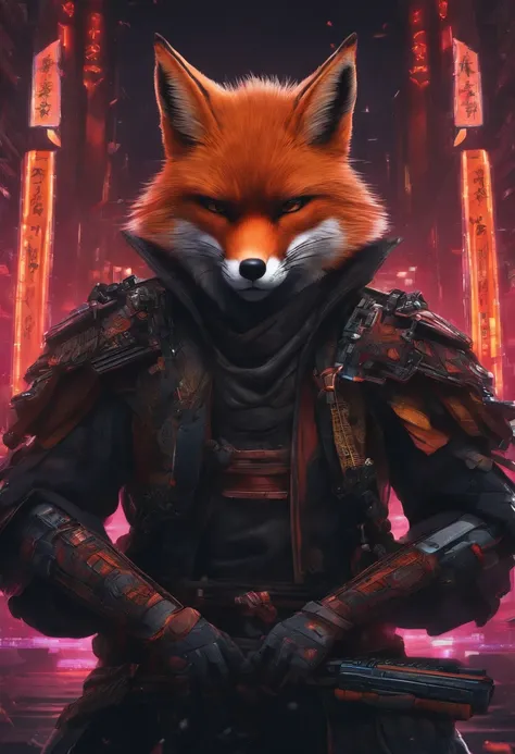 Fox, cyberpunk style, samurai style, samurai urbano, badass anime, cyber samurai