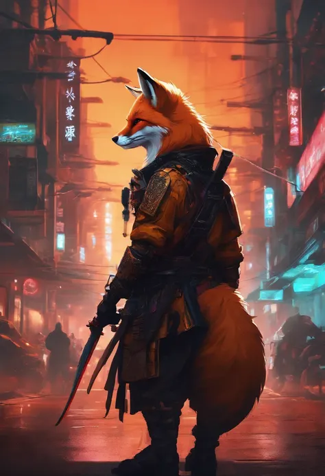 Fox, cyberpunk style, samurai style, samurai urbano, badass anime, cyber samurai