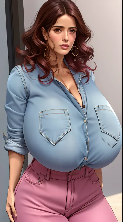 Salma Hayek as a mom, pink blouse, denim pants, curly hair, curly brown hair, high cheekbones, big lips, bimbo lips, curvaceous, Hot and attractive, small waist, big hips, hip dips, large breasts, Best quality, 8k, Masterpiece, realistic, photorealistic, (...