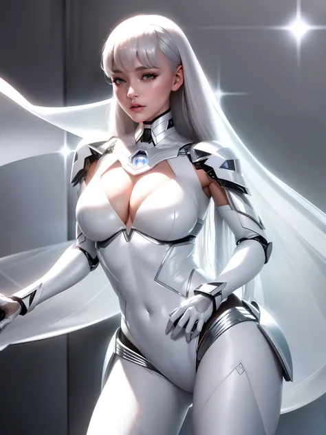 arafed woman in a silver lingerie posing for a picture, futuristic white-space-bikini, white cyborg fashion shot, white silver bikini, cyborg - girl with silver hair, ethereal skin, beutiful white girl cyborg, intricate body, translucent white skin, porcel...