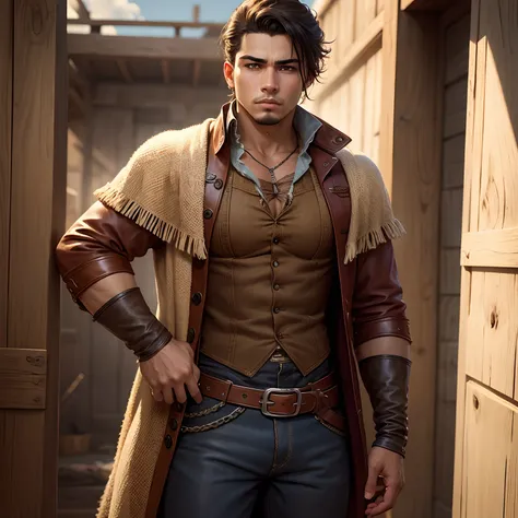 young latin man with old west themed cold clothes, a tired look, man, old west npc rpg