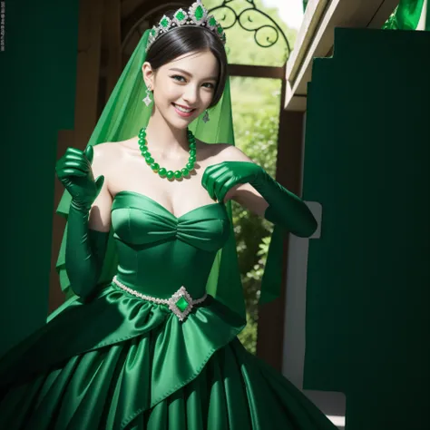 emerald tiara, Green Pearl Necklace, Boyish very short green hair, lipsticks, Japan woman smiling, very short short hair, big breasts beautiful, Green eyes, Long green gloves made of satin material, Green eyes, Emerald Earrings, Green dress